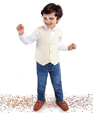 Babyhug Full Sleeves Party Suit with Bow and Waistcoat - White and Indigo