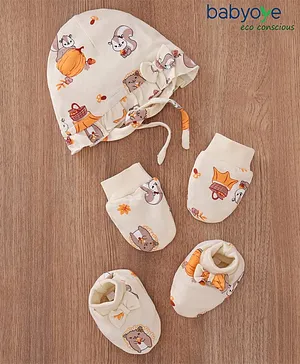Babyoye Cotton Cap Mitten & Booties Set With Bow Applique Squirrel Print Cream- Diameter 11.5 cm