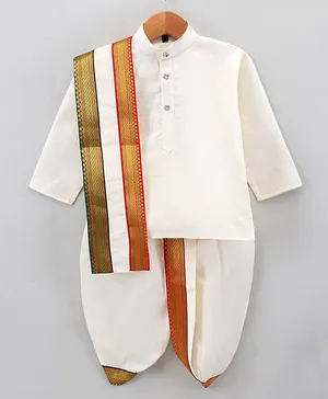 Dapper Dudes Full Sleeves Solid Kurta With Lace Detailing Dhoti & Angavastram - Off White