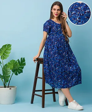 Bella Mama Rayon Woven Half Sleeves Maternity Dress Floral Dot Print - Navy