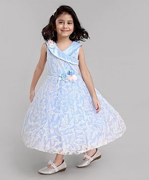 Babyhug Sleeveless Party Wear Dress Floral Appliques - Frozen Blue
