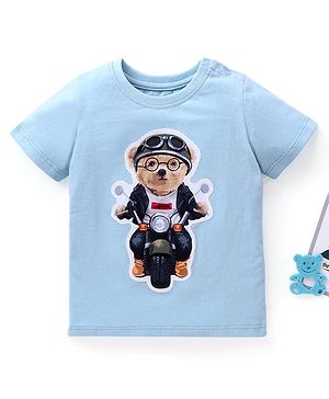 Babyhug Half Sleeves T-Shirt Riding Bear Patch - Blue