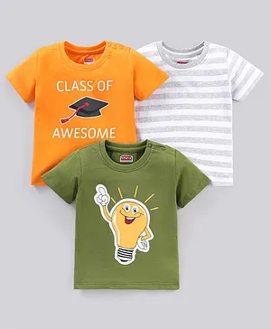 Babyhug Cotton Half Sleeves T-Shirt Bulb & Stripes Print Pack of 3- Green & Orange