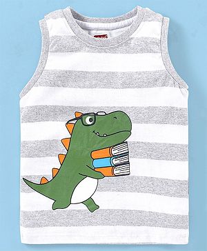 Babyhug Cotton Jersey Knit Sleeveless Striped T-Shirt Dino Print - Grey Melange