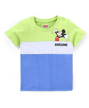 Babyhug Cotton Knit Half Sleeves Cut & Sew T-Shirt Mickey Mouse Print - Blue & Green