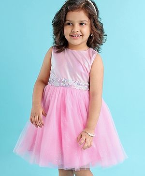 Babyhug Sleeveless Party Wear Frock Sequinned & Foil Print - Pink
