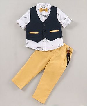 ToffyHouse Full Sleeves Checks 3 Pieces Party Suit With Bow  & Suspender -  Navy Yellow