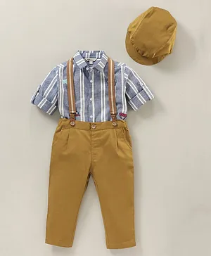 ToffyHouse Full Sleeves Cotton Stripes Shirt & Trousers with Suspender And Hat - Blue