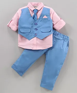 ToffyHouse Full Sleeves Solid Color Party Shirt With Attached Waistcoat and Pant Set - Blue