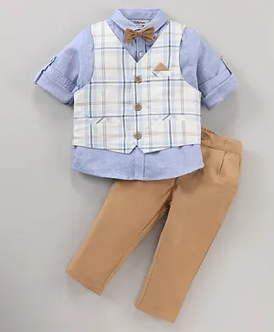 ToffyHouse Full Sleeves Solid Shirt and Pant Set with Checks Waistcoat - Blue White Brown