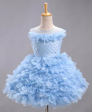 Enfance Sleeveless Ruffled Flowers Embellished Party Wear Dress  - Sky Blue