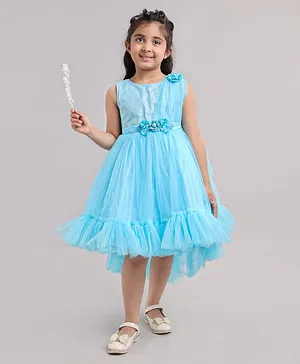 Enfance Sleeveless Glitter Bodice Train Attached Sequins & Flower Applique Party Wear Dress - Ferozi Blue