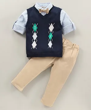 ToffyHouse Full Sleeves Striped Shirt & Pant Set With Sweater - Navy