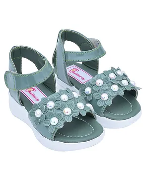 Buckled Up Flower And Pearl Detail Strap Casual Sandals - Green
