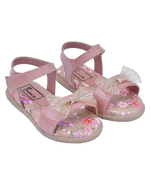 Buckled Up Bow Knot Detail Floral Print Strap Casual Sandals - Pink Beige