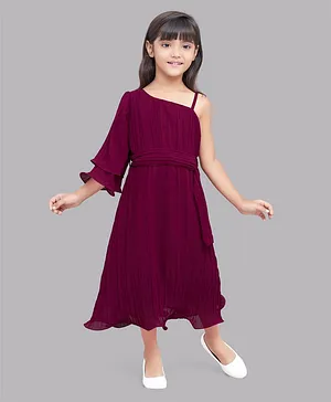 PinkChick One Shoulder Three Fourth Flutter Sleeves Accordion Pleated Midi Dress  - Burgundy