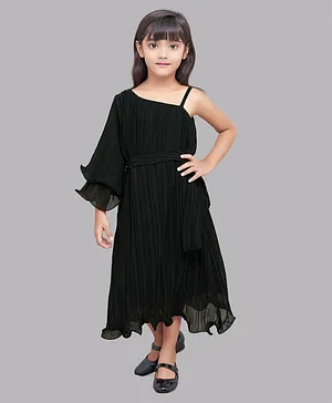 PinkChick One Shoulder Three Fourth Flutter Sleeves Accordion Pleated Midi Dress  - Black