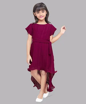 PinkChick Short Frill Sleeves Accordion Pleated High Low Dress  - Burgundy