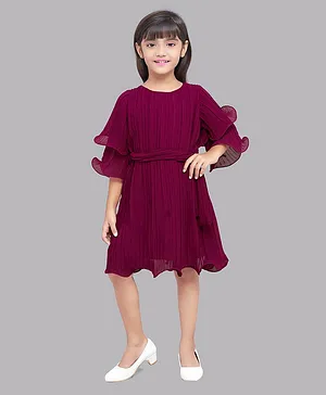 PinkChick Three Fourth Sleeves Accordion Pleated Solid Dress - Burgundy