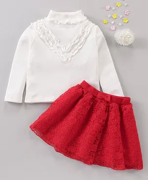 Babyhug Full Sleeves Cotton Knit to Knit Top and Skirt - Off White Red
