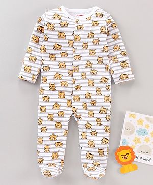 Babyhug Cotton Knit Full Sleeves Footed Sleepsuits Tiger Printed - Grey Mélange