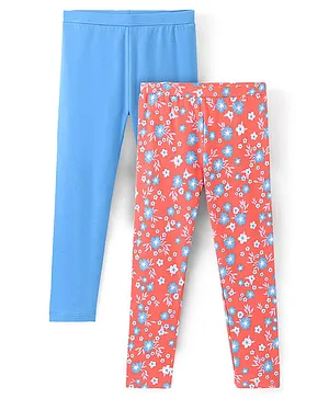 Pine Kids Full Length Stretchable & Biowashed Cotton Leggings Solid & Floral Print Pack Of 2 - Blue Red