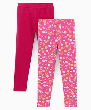 Pine Kids Ankle Length Biowashed Cotton Stretchable Leggings Leaves Print & Solid Pack Of 2 - Pink Red