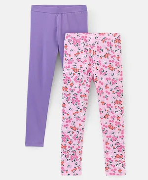 Pine Kids Full Length Stretchable & Biowashed Cotton Leggings Solid & Floral Print Pack Of 2 - Purple Pink
