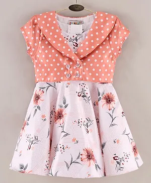 Enfance Core Sleeveless Floral Printed Dress With Polka Dots Printed Jacket - Mustard