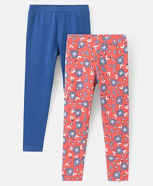 Pine Kids Full Length Stretchable & Biowashed Cotton Leggings Solid & Floral Print Pack Of 2 - Blue Pink