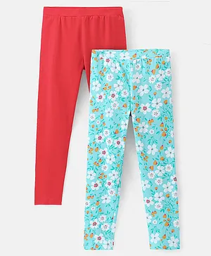 Pine Kids Full Length Stretchable & Biowashed Cotton Leggings Solid & Floral Print Pack Of 2 - Red Blue
