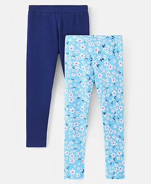 Pine Kids Full Length Stretchable & Biowashed Cotton Leggings Solid & Floral Print Pack Of 2 - Blue