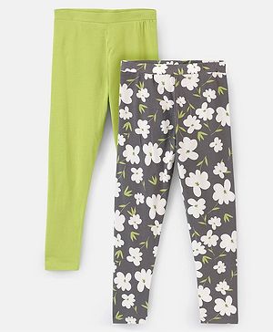 Pine Kids Full Length Cotton Biowashed Stretchable Leggings Floral Print & Solid Pack Of 2 - Green Grey