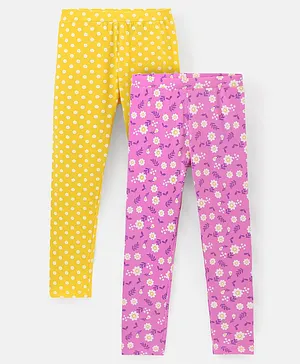 Pine Kids Full Length Stretchable & Biowashed Cotton Leggings Polka & Floral Print Pack Of 2 - Yellow Purple