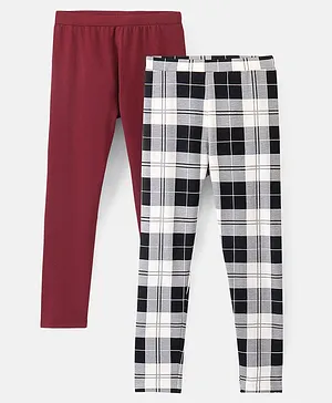 Pine Kids Full Length Stretchable & Biowashed Cotton Leggings Solid & Check Print Pack Of 2 - White & Maroon