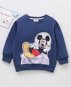 Babyhug Cotton Knit Full Sleeves MICKEY MOUSE print Sweatshirt with Applique- Navy - 12-18M Blue