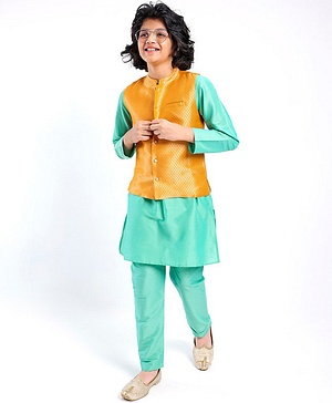 Pine Kids Full Sleeves Kurta Pyjama Set with Nehru Jacket - Radiance Blue
