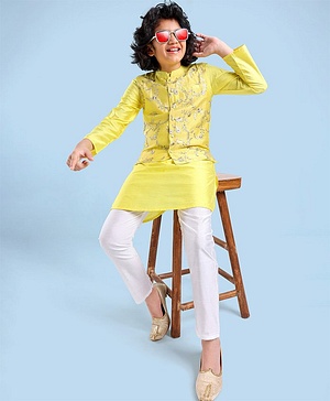 Pine Kids Full Sleeves Kurta Pyjama Set with Embroidered Bandi - Yellow