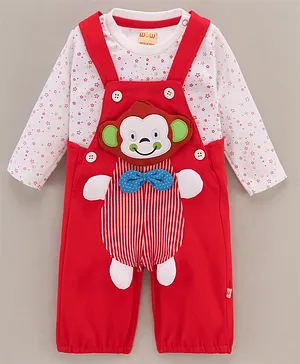 WOW Clothes Full Sleeves Cotton T-shirt with Star Print and Dungaree with Monkey Patch and Bow Applique- Red