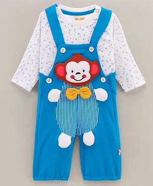 WOW Clothes Full Sleeves Cotton T-shirt with Dungaree with Monkey Patch and Bow Applique- Blue (Bow & Button Color and T-Shirt Print May Vary)