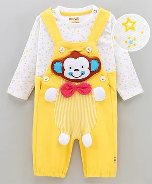 WOW Clothes Full Sleeves Cotton T-shirt with Star Print and Dungaree with Monkey Patch and Bow Applique - Yellow