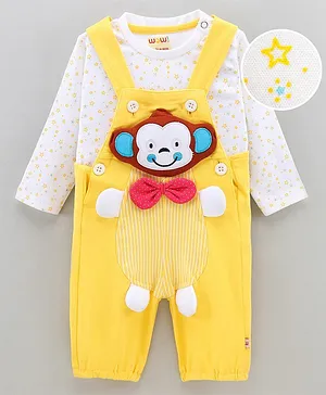 WOW Clothes Full Sleeves Cotton T-shirt with Dungaree with Monkey Patch and Bow Applique- Yellow (Bow & Button Color and T-Shirt Print May Vary)