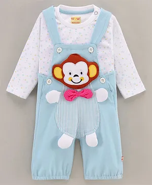 WOW Clothes Full Sleeves Cotton T-shirt with Star Print and Dungaree with Monkey Patch and Bow Applique - Light Blue