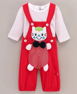 WOW Clothes Full Sleeves Cotton T-shirt with Dot Print and Dungaree with Kitty Patch and Bow Applique- Red