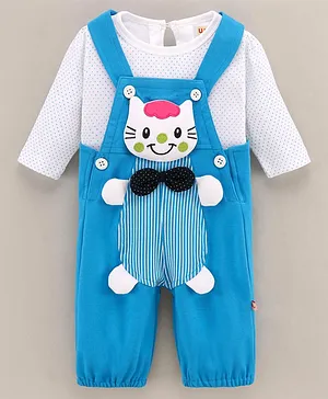 WOW Clothes Full Sleeves Cotton T-shirt with Dot Print and Dungaree with Kitty Patch and Bow Applique- Blue