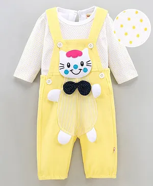 WOW Clothes Full Sleeves Cotton T-shirt with Dot Print and Dungaree with Kitty Patch and Bow Applique- Yellow