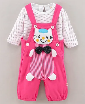 WOW Clothes Full Sleeves Cotton T-shirt with Dot Print and Dungaree with Kitty Patch and Bow Applique- Dark Pink