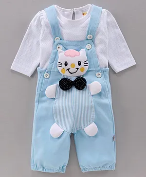 WOW Clothes Full Sleeves Cotton T-shirt with Dot Print and Dungaree with Kitty Patch and Bow Applique- Light Blue