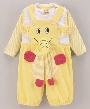 Wow Clothes Full Sleeves Elephant Applique Dungaree With T-Shirt- Yellow