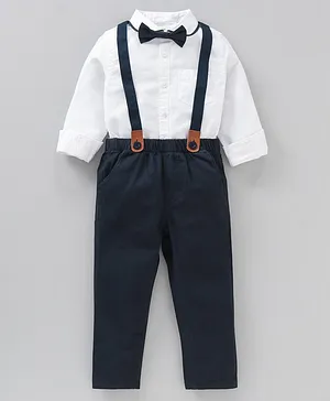 Babyoye Cotton Woven Full Sleeves Party Shirt & Trouser With Bow & Suspender Solid Color - White Blue